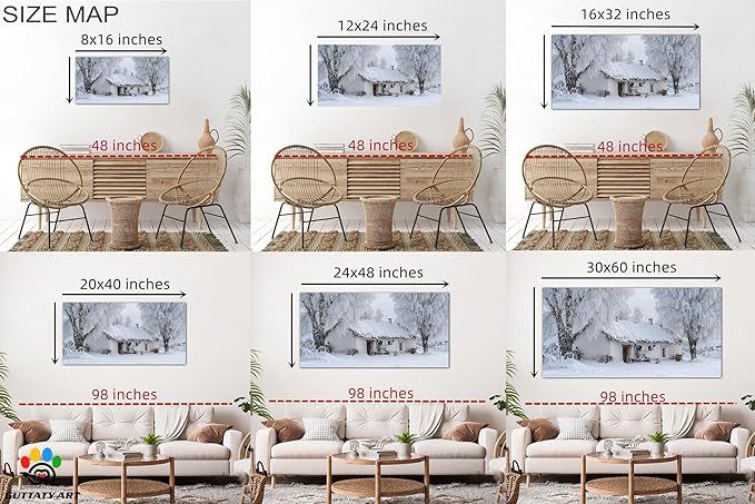 GUTTATY Christmas Winter Scene Canvas Pictures, Snowy Village Wall Decor, White Frost Landscape Canvas Artwork, Rustic Cabin Wall Painting for Living Room, Bedroom, Holiday Decoration, 60x30 Inch