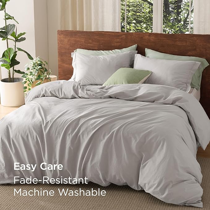 Bedsure 100% Washed Cotton Duvet Cover King - Light Grey Minimalist Cotton Duvet Cover Linen Like for All Seasons - GentleSoft™ Plain Simple Bedding (King, 104"x90")