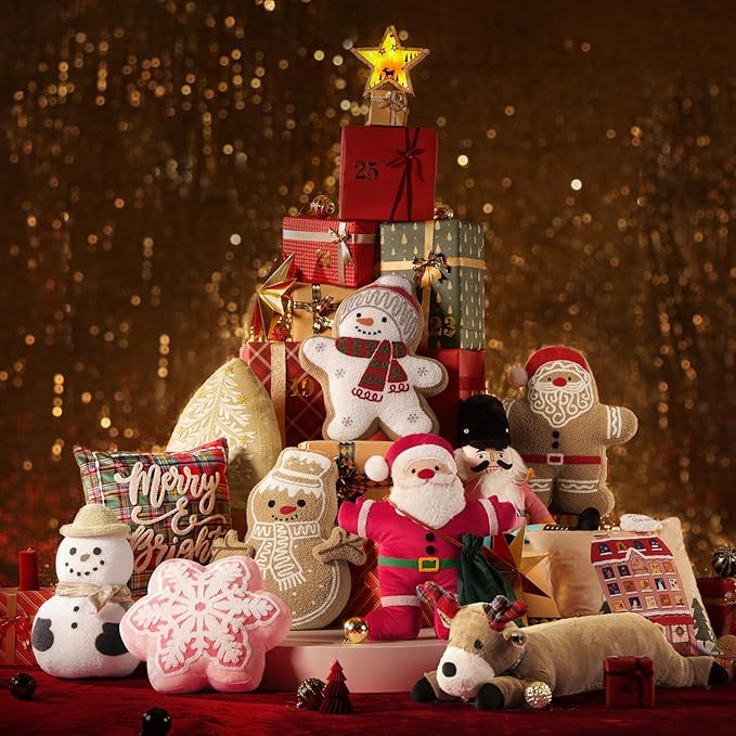 Phantoscope Merry Christmas Shaped Throw Pillow, Plush Teddy Sherpa Snowman Pillow with Scarf & Hat, Xmas Snowman Decorative Pillow for Couch Living Room Bed, Beige, 16.5 x 10.5 inches