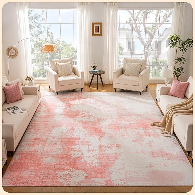 Istana Living Room Rug 10x14 - Pink 10 x 14 Area Rug - Foldable Machine Washable Area Rugs 10x14 - Stylish 10x14 Area Rugs Boho - Stain Resistant Washable Rug 10x14