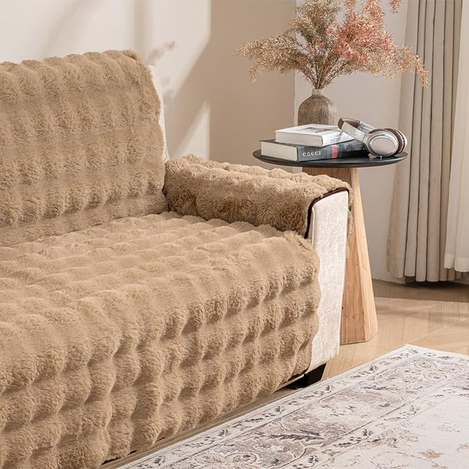 Plush and Fuzzy Shaggy Couch Cover, Dog Pad Faux Fur Sofa Cover, Water Resistant Slipcover, Non-Slip Furniture Protector for Kids,Dogs,Cats.(Light Brown-Bubble, Large Sofa)
