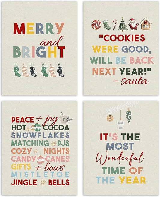 AEHIE It's The Most Wonderful ime of The Year Wall Art Poster Prints for Home Bedroom Living Room, Red Christmas Funny Santa Poster Prints, Merry and Bright Wall Art Unframed 4pcs 8x10inch