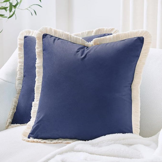 MONDAY MOOSE Decorative Throw Pillow Covers Cushion Cases, Set of 2 Soft Velvet Modern Fringe Tassel Designs, Mix and Match for Home Decor, Pillow Inserts Not Included (Midnight Blue, 18x18 inch)