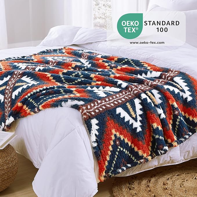CASAAGUSTO Boho Sherpa Throw Blanket, Aztec Throw, Ultra Soft, Warm, Cozy, Plush, Thick Fleece Bohemian Throw Blanket for Couch, Bed, Sofa (Navy Blue 50 * 60 Inch)