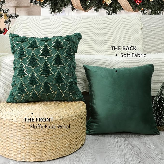 Christmas Throw Pillow Covers Christmas Decorations Set of 2 Xmas Tree 18x18 Pillow Covers Soft Plush Faux Wool Pillow Cases Holiday Winter Decor Sofa Couch Bed