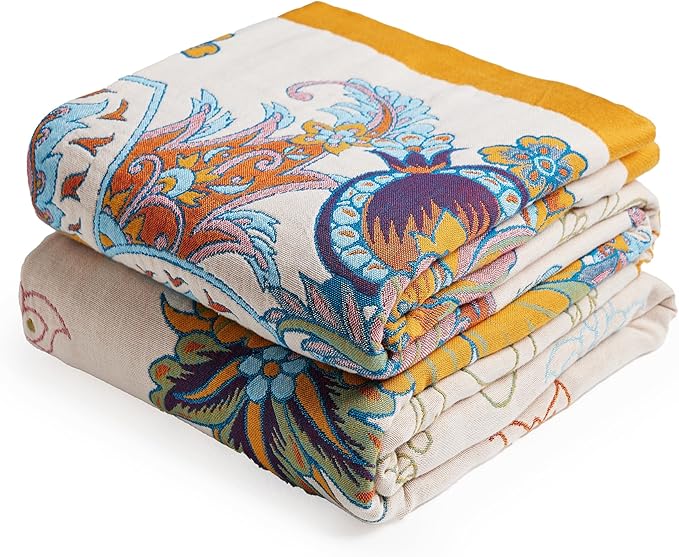 Boho Throw Blanket, 100% Organic Cotton Breathable Skin-Friendly Ultra Soft Bed Quilt Throw - All Season Floral Bird Farmhouse Décor Luxury Blanket for Sofa Couch Chair and Gift. 91" x 98"