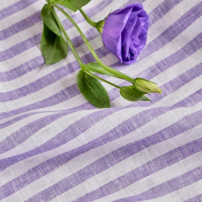 Solino Home Linen Round Tablecloth 70 Inch - Amalfi Stripe, 100% Pure Linen Violet and White Round Tablecloth - Machine Washable Table Cloth