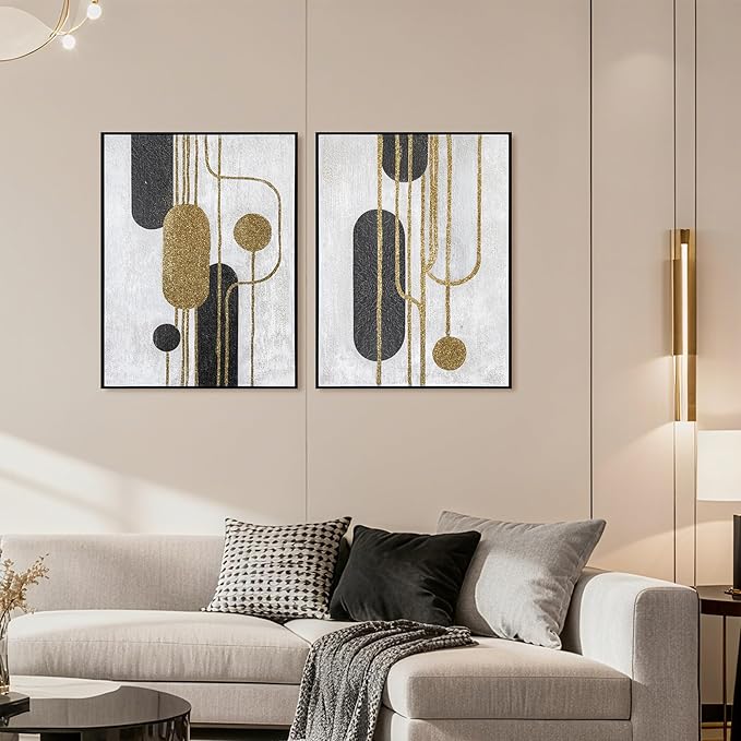 Artiluxy Minimalist Abstract Wall Art Set of 2 – Black and Gold Line Art on White Background, Textured Canvas Geometric Paintings, Modern Aesthetic Decor for Living Room, Bedroom, or Office – 18x24in