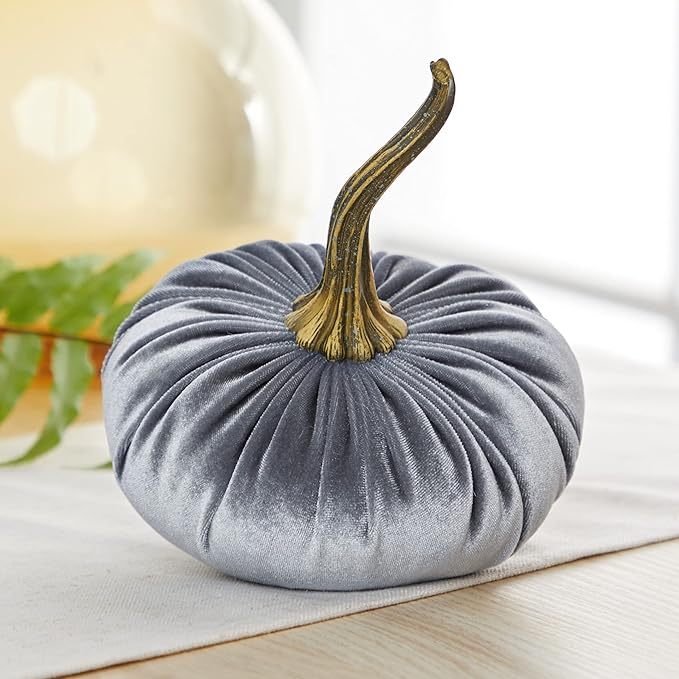 Set of 3 Velvet 6.25 Inch Pumpkins, fall decor, cozy autumn vibe, tiered tray tablescape, elegant accent decor, Thanksgiving centerpiece, neutral mantel decor (Gray, Taupe, Ivory)