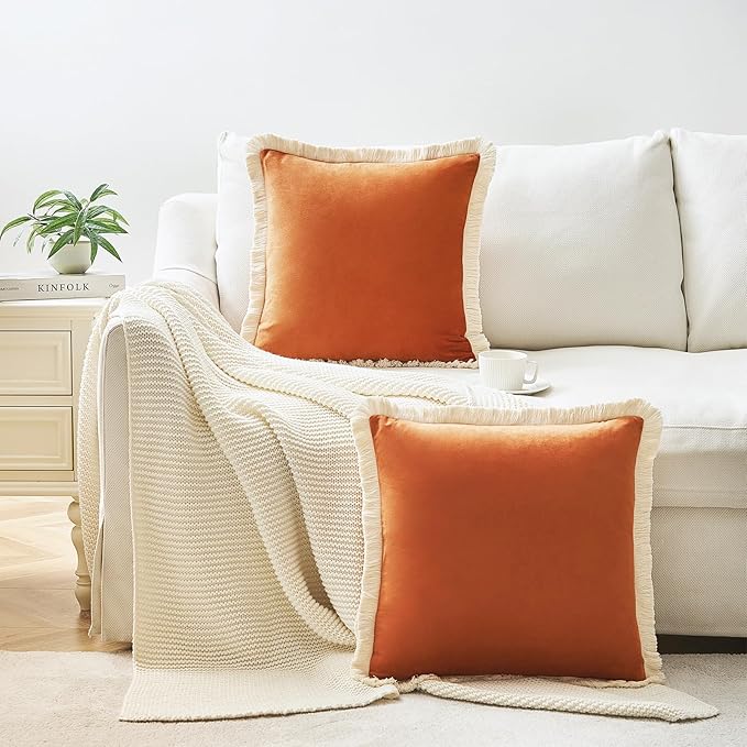 MONDAY MOOSE Decorative Throw Pillow Covers Cushion Cases, Set of 2 Soft Velvet Modern Fringe Tassel Designs, Mix and Match for Home Decor, Pillow Inserts Not Included (Orange, 18x18 inch)