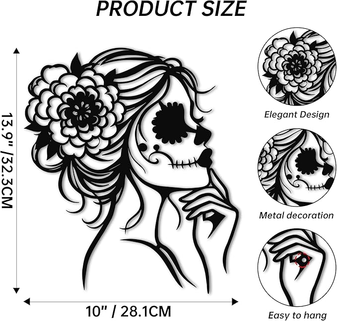 JEWLOVE Skull Wall Decor, Goth Wall Decor with Floral Skeleton Design, Gothic Metal Wall Art for Living Room, Bedroom, 11.1x12.7 Inch