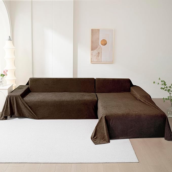 MEETSKY Couch Cover for 3 Cushion Cat Scratch Proof Couch Protector Washable Sofa Covers Sectional Couch Covers for Dogs Soft L Shape Sofa Slipcover for Pets Kids, 91" x 134", Brown