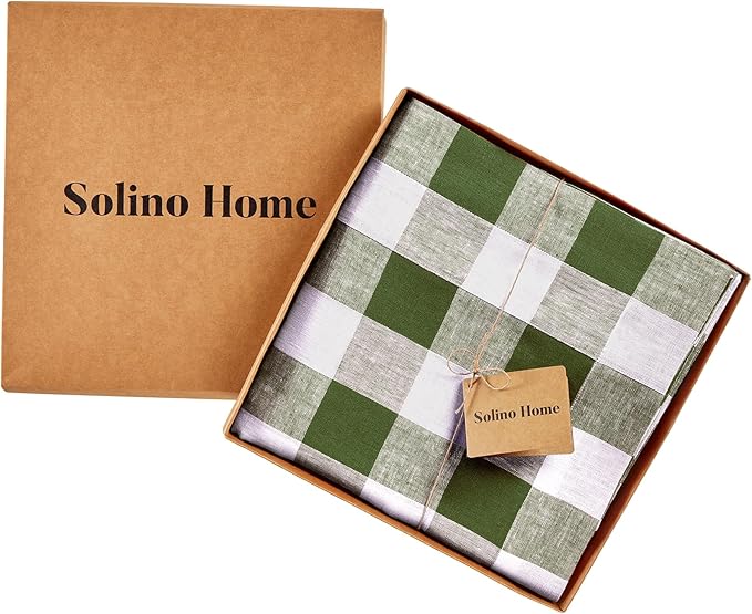 Solino Home Linen Checkered Tablecloth 60 x 108 Inch - 100% Pure Linen Olive and White Buffalo Plaid Table Cloth for Rectangle Tables - Machine Washable Tablecloth for Fall, Autumn