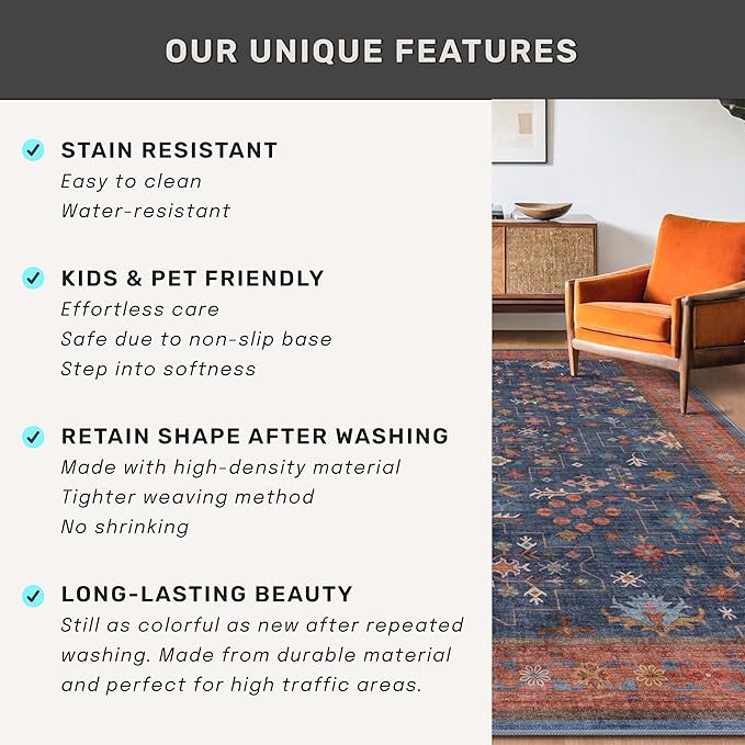 Washable 2x3 Entry Rug Front Door Indoor, Farmhouse Small Area Rugs for Kitchen, Bathroom, Entrance, Non Slip Rubber Backed, Perfect for Boho Décor (2x3 Navy Blue)