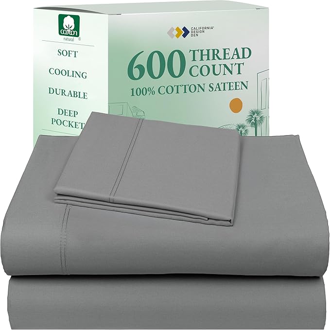 California Design Den Luxury Twin XL Sheet Set - 100% Cotton, 600 Thread Count Deep Pocket XL Twin Sheets, Hotel-Quality Bedding with Soft Sateen, Dorm Essentials for Guys - Mist Grey
