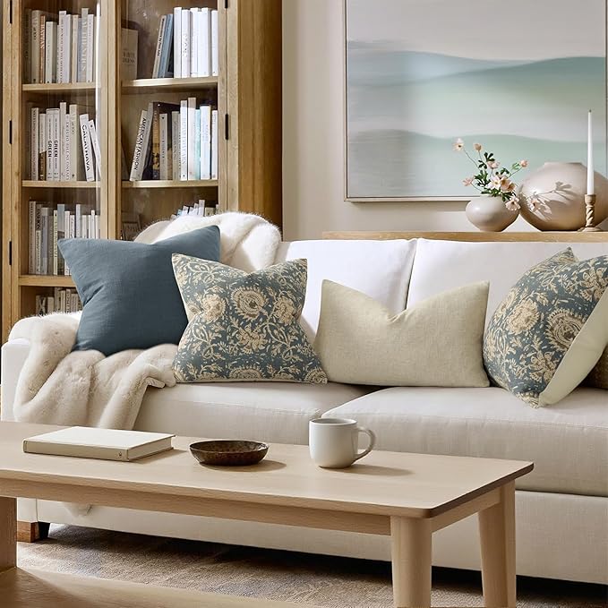 Vintage Floral Print Throw Pillow Covers 20x20 Set of 2 Neutral Modern Farmhouse Pillowcase Accent Decorative Cushion Covers Boho Home Decor for Couch Sofa Chair Bed Living Room, Dusty Blue