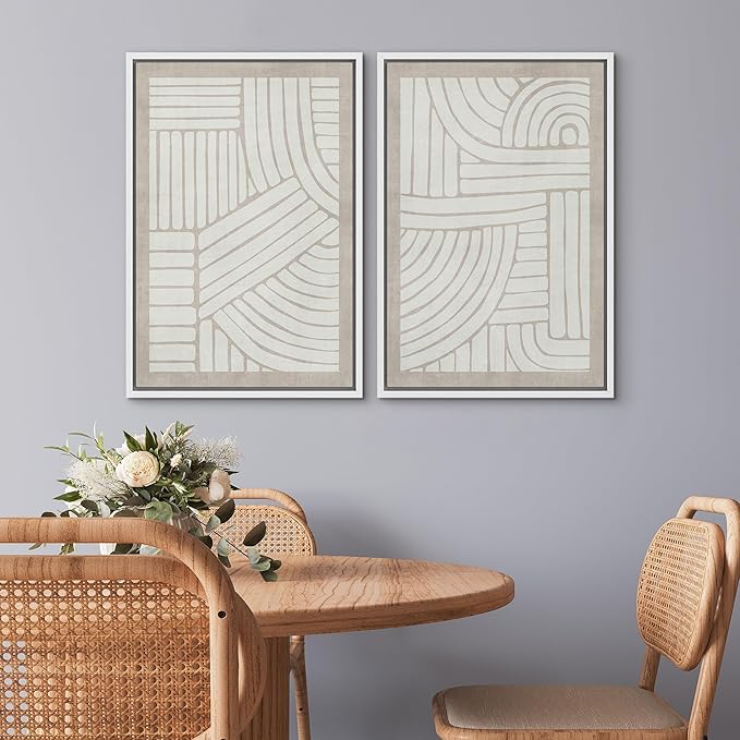 SIGNWIN Framed Canvas Print Wall Art Set Grunge Tribal Pattern Landscape Abstract Shapes Cozy Neutral Minimal Decorative Nordic Zen Bohemian for Living Room, Bedroom, Office - 24"x36"x2 White
