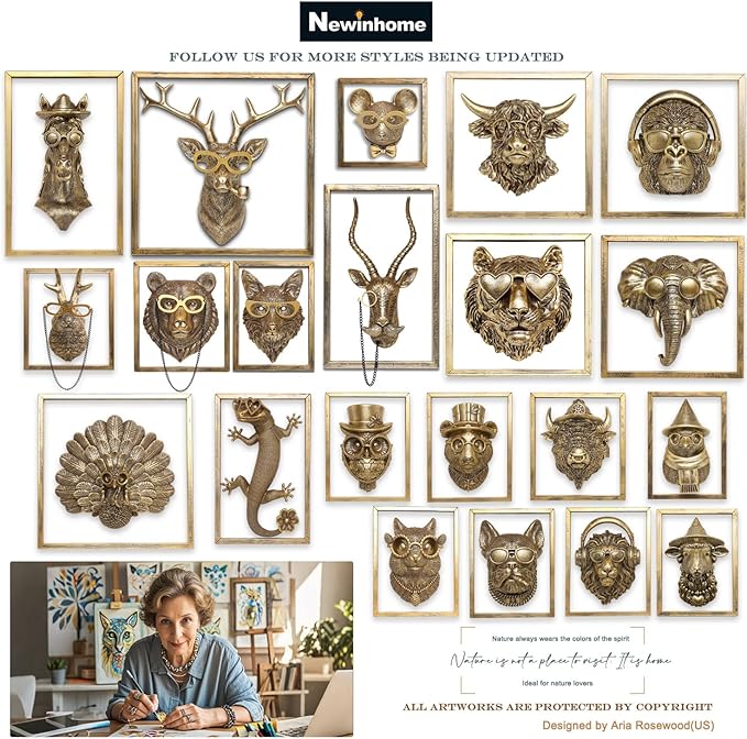 Newinhome Animal Heads Wall Decoration Resin Animals Sculptures Head Wall Hanging Decor Gold vintage Wall Sculpture for Living Room Bedroom Office(Lion)