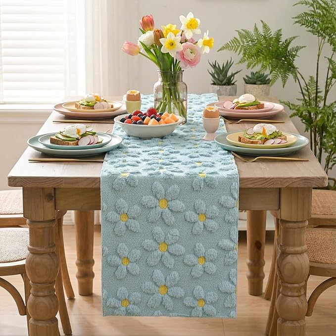 Artoid Mode Blue Soft Plush Faux Fur Jacquard Embroidery Daisy Spring Table Runner, Kitchen Dining Table Decoration for Home Party Decor 13x48 Inch