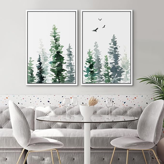 SIGNWIN Framed Wall Art Print Set Watercolor Green & Gray Forest and Birds Nature Wilderness Illustrations Modern Art Rustic Relax/Calm Multicolor for Living Room, Bedroom, Office - 24"x36"x2 White