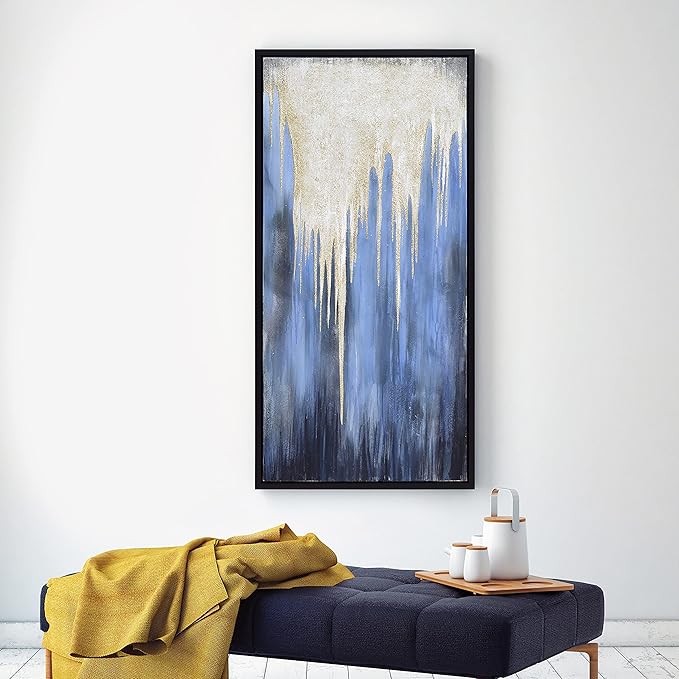 Empire Art Direct Abstract Wall Art Textured Hand Painted Canvas by Martin Edwards, Black Frame, 24" x 48", Snowy Drip 1