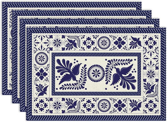 Mexican Placemat Set of 4, 12x18 Inch Rustic Floral Birds Blue Talavera Ceramic Mexico Tiles Dia De Los Muertos Coffee Vintage Table Mats for Outdoor Kitchen Dining Table Decoration