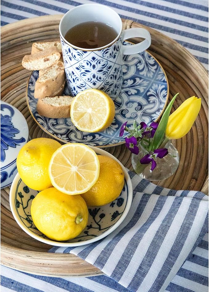 Solino Home Linen Tablecloth 60 x 90 Inch - Amalfi Stripe 100% Pure Linen Navy and White Table Cloth for Rectangle Tables - Machine Washable Tablecloth for Autumn, Thanksgiving, Christmas, Winter