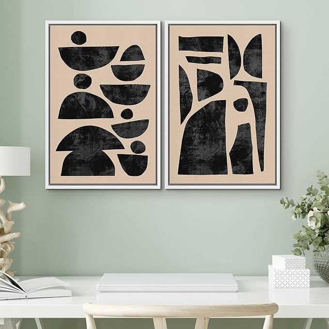 SIGNWIN Framed Canvas Print Wall Art Set Mid-Century Semi-Circle Polygons Variety Abstract Shapes Illustrations Modern Art Minimal Boho for Living Room, Bedroom, Office - 16"x24"x2 White