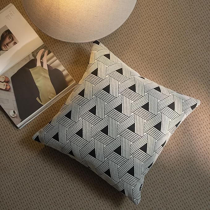 New 18x18'' inches Throw Pillow Cushion Covers - Triangle Black Color Chenille Jacquard Embroidery Luxury Modern Style Couch Sofa Bed Pillow Cover for Living Room Bedroom