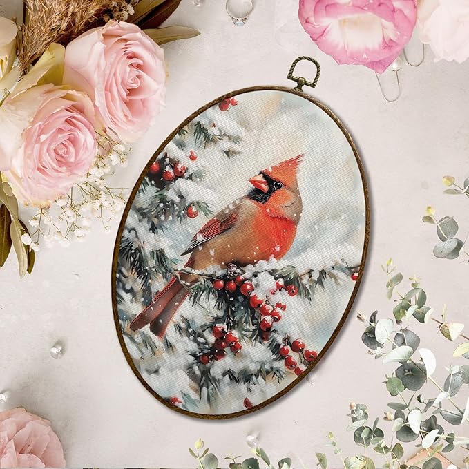 JQF Christmas Cardinal Oval Wall Decor, Rustic Winter Xmas Oval Canvas Wall Art, Christmas Cardinal Holiday Framed Prints Hanging Decor for Farmhouse Home Living Room Bedroom, 8.5x11.5 Inch