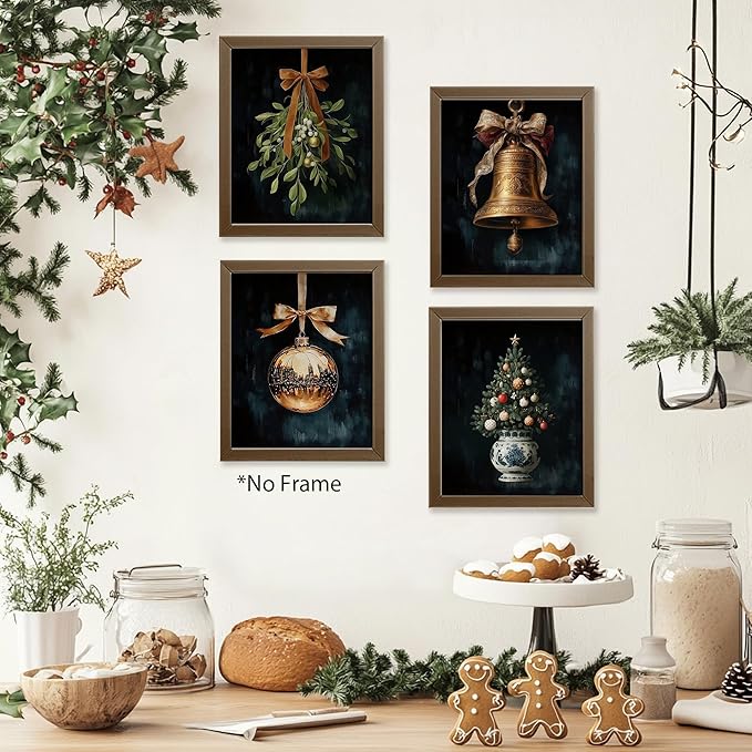 AEHIE Vintage Winter Christmas Tree Bell Wall Art Poster Prints for Home Living Room, Moody Christmas Pictures Poster Prints, Dark Moody Golden Xmas Bell Holiday Wall Art Unframed 4pcs 8x10inch