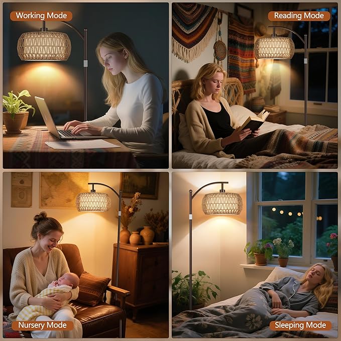 ROTTOGOON Rattan Floor Lamps for Living Room, Boho Standing Lamps with Rattan& Linen Double Shades, Arc Lamps Floor Standing with 9W Bulb, Foot Switch, Bohemian Floor Lamps for Bedroom, Office-Brown
