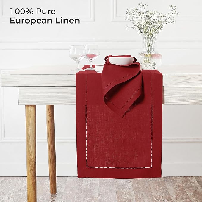 D'Moksha Homes Linen Red Table Runner 72 Inches Long - 100% Pure Linen Hemstitch Table Runner 14 x 72 Inch for Dresser, Dining, Winter, Christmas, Holiday - Classic Hemstitch