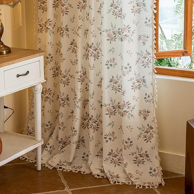 OYX Pink Boho Floral Window Curtains 84 Inch Long 2 Panels, French Vintage Farmhouse Vintage Country Rustic Tassels Printed Drapes for Living Room Bedroom, Rod Pocket Light Filtering Decor Aesthetic