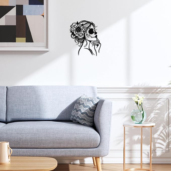 JEWLOVE Skull Wall Decor, Goth Wall Decor with Floral Skeleton Design, Gothic Metal Wall Art for Living Room, Bedroom, 11.1x12.7 Inch