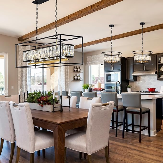 Vezzio Large Chandeliers for Dining Room Modern Black and Gold Channdelier L42 inch Crystal Ceiling Light Fixture Over Table 8 Lights Rectangle Chandelier for Kitchen Island