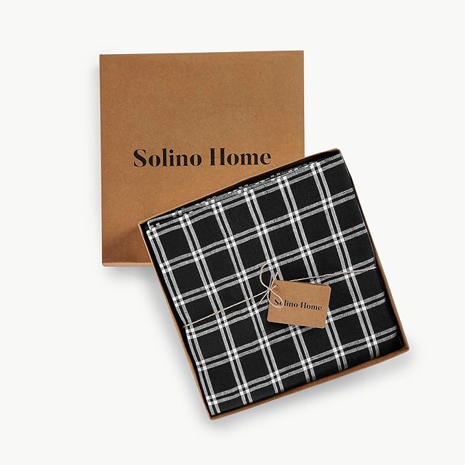 Solino Home Linen Plaid Tablecloth 60 x 108 Inch - 100% Pure Linen Marseille Plaid Black Table Cloth for Rectangle Tables - Machine Washable Tablecloth for Fall, Winter, Thanksgiving, Christmas