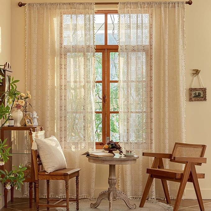 YJ YANJUN Boho Lace Curtains 84 Inches Long 2 Panels Retro Crocheted Cottagecore Curtains with Tassel for Living Room Romantic Rustic Bohemian Farmhouse Drapes for Closet Door Beige/Linen W59 x L84