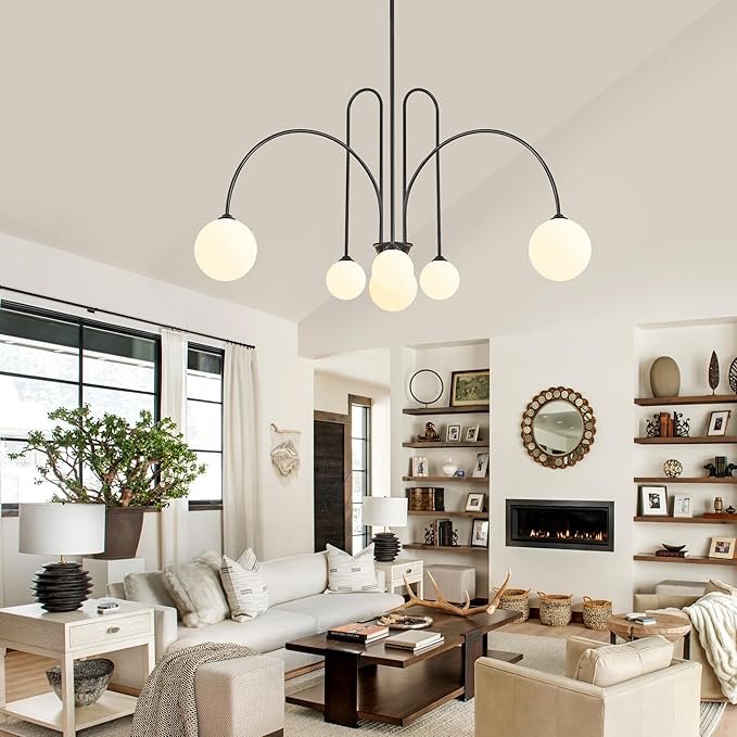 Black Sputnik Chandelier,6 Lights Modern Chandelier for Dining Room Mid Century Chandelier Large L49” Ceiling Pendant Light Fixtures with Milk Glass Globe Shades for High Ceiling Foyer Living Room