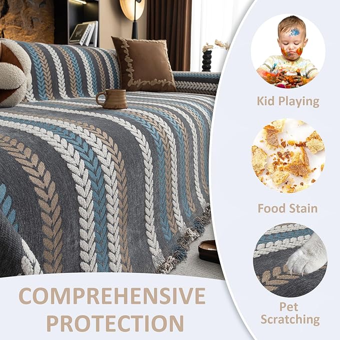 VClife Blue Stripe Sofa Cover for Dog Chenille Couch Cover for 3 Seater Sofa, Non Slip Stripe Jacquard Sofa Couch Cover Throw Pet-Friendly Soft Couch Slipcover with Tassel, Blue, 71''x150''