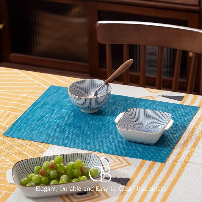 Placemats Set of 4 - Easy Clean Woven Vinyl Placemats for Dining Table, Indoor/Outdoor Place Mats, Washable PVC Table Mats（Teal Blue）