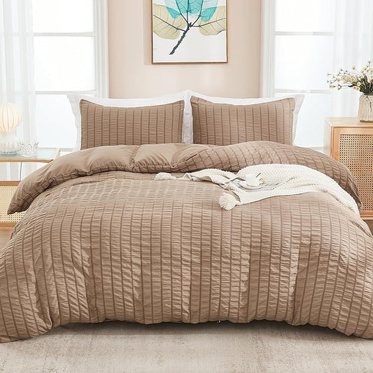 AveLom Taupe Duvet Cover Cal King(104 x 98 inches), 3 Pieces (1 Duvet Cover, 2 Pillowcases), Seersucker Striped Soft Washed Microfiber, Textured Duvet Cover Set with Zipper Closure, Corner Ties