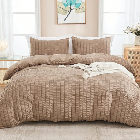 AveLom Taupe Duvet Cover Full(80 x 90 inches), 3 Pieces (1 Duvet Cover, 2 Pillow Cases),Seersucker Tripe Soft Washed Microfiber Textured Duvet Cover Set with Zipper Closure, Corner Ties