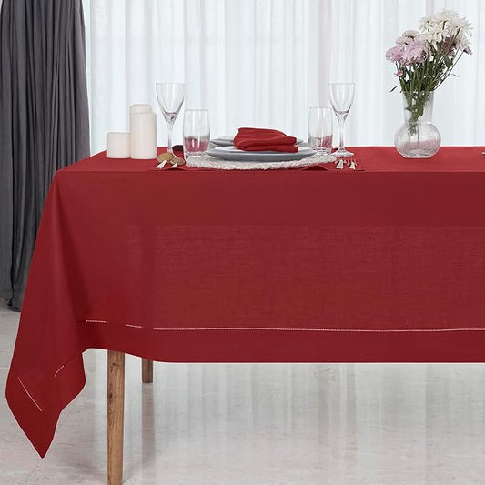 D'Moksha Homes Red Linen Tablecloth 60 x 156 Inch - 100% Pure Linen Red Tablecloth for Rectangle Tables - Classic Hemstitch, Machine Washable Table Cloth for Fall, Thanksgiving, Christmas, Holiday