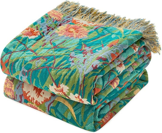 Boho Throw Blanket for Bed Cotton Blankets Twin Size for Bedroom Living Room All Season Lightweight Floral Embroidery Quilt for Couch Sofa Chair 60"x80"