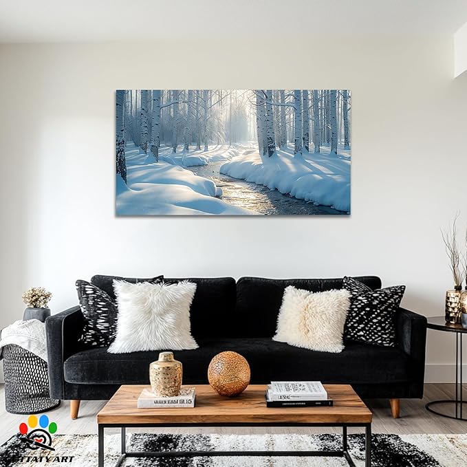 GUTTATY Christmas Winter Scene Canvas Wall Art, Birch Tree Snow Landscape Canvas Artwork, Serene Blue White Wall Decor Picture, Peaceful Nature Winter Poster for Living Room and Bedroom, 32x16 Inch