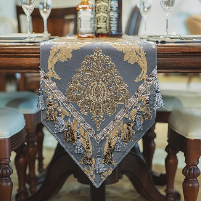 Loom and Mill Luxury Table Runner 90 Inches Long, Traditional Damask Jacquard Table Runners with Handmade Multi-Tassels for Dining Room Dresser Party Holiday Banquet Decorations(13" x 90", Grey Blue)