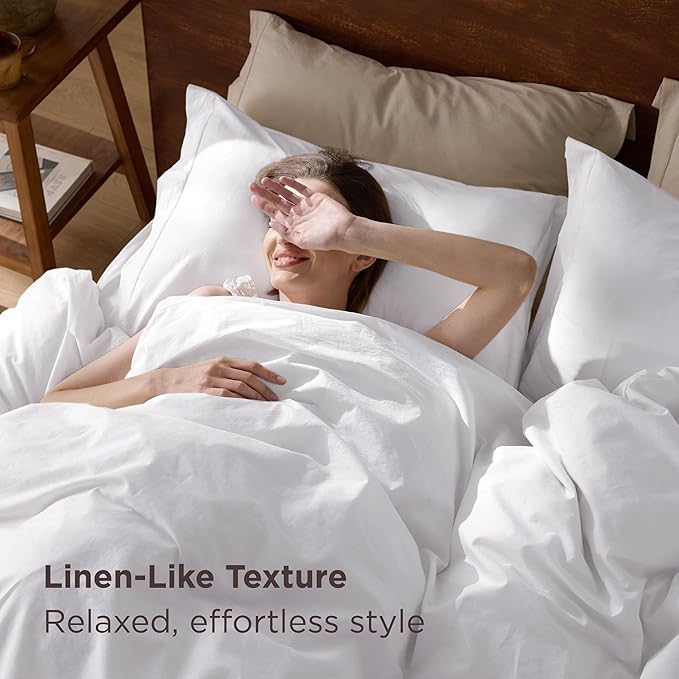 Bedsure 100% Washed Cotton Duvet Cover King - Bright White Minimalist Duvet Cover Linen Like for All Seasons - GentleSoft™ Plain Simple Cotton Bedding, 3 Pieces (Bright White, King, 104"x90")