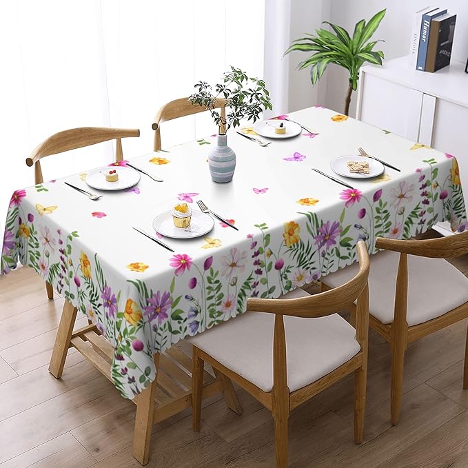 Flower Tablecloth Aesthetic Floral Wildflowers Butterfly Rectangle Tablecloth Floral Botanical Style Table Cover 54×72 Inch Washable Table Cloth for Kitchen Dining Room Party Decoration