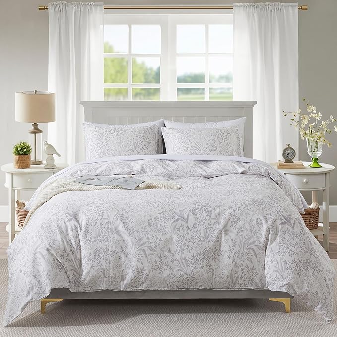 HoneiLife Cotton Duvet Cover Queen - Floral Comforter Cover 3-PC, Soft & Breathable Flower Bedding Duvet Cover Sets with Zipper Closure & Corner Ties, Wildflower Comforter Cover Sets, Plain Life